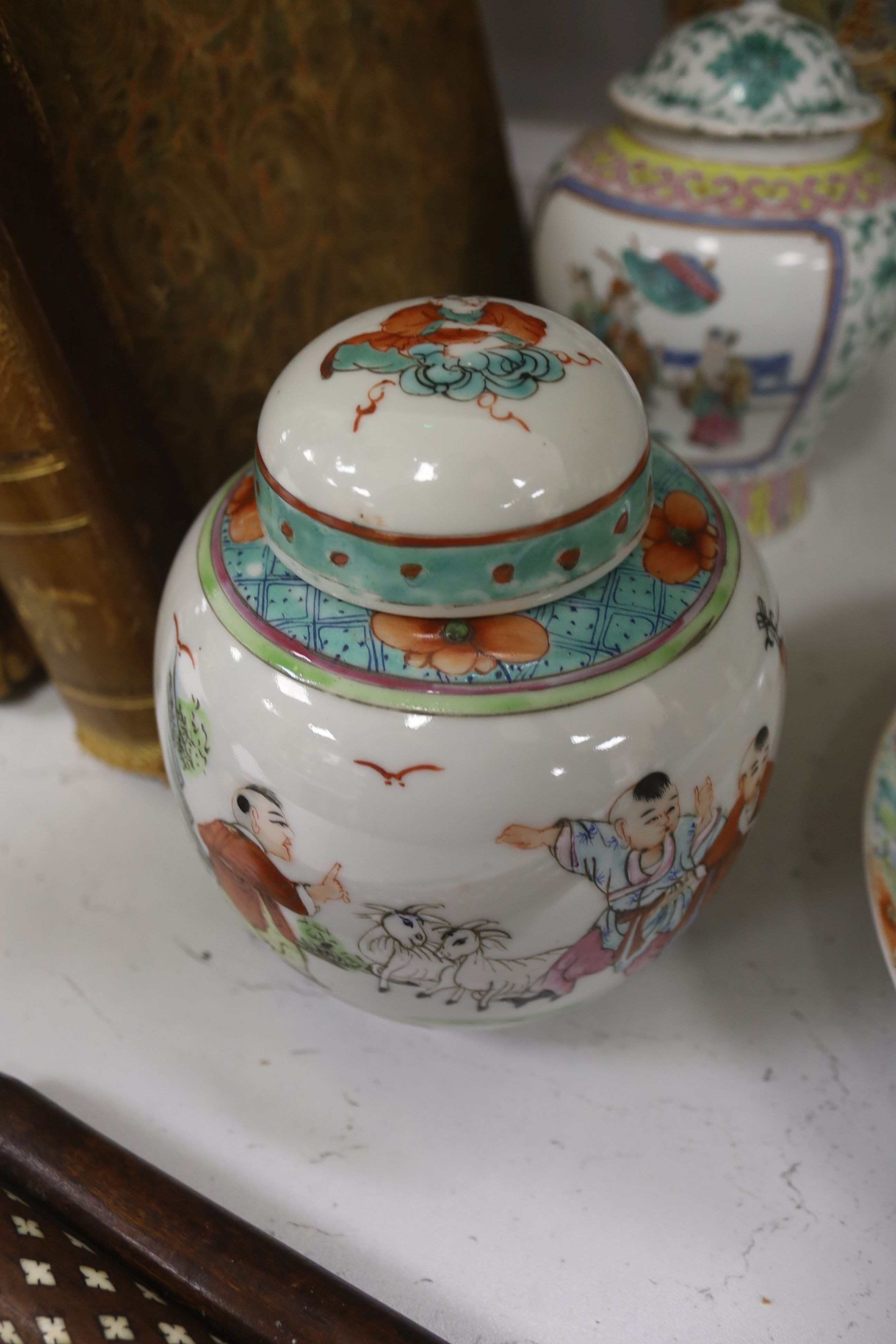 Two Chinese ‘millefleur’ dishes, a turquoise ground ‘Dragon’ dish Guangxu mark and period, a late 19th century famille rose jar etc.